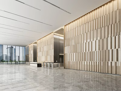 Modern Lobby Reception Desk With Wooden Slat Walls And Polished Marble Floor 3d model