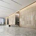 Modern Lobby Reception Desk With Wooden Slat Walls And Polished Marble Floor