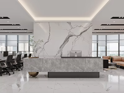 Modern Public Office Area With Marble Reception Desk Office Desks And Floor To Ceiling Windows 3d model