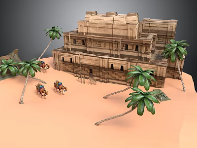 Ancient Stone Building Scenery With Palm Trees Small Carriages On Sandy Ground 3d model