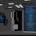 Futuristic Tech Room With Holographic Projection Blue Interface Wall Displays And Ceiling Lights
