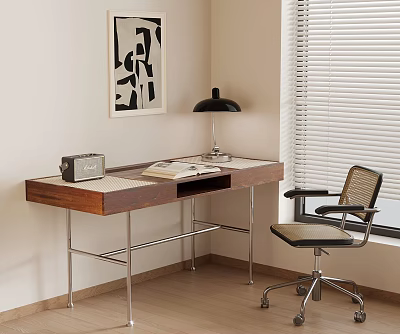 Study Area With Wooden Desk Black Table Lamp Radio Books Office Chair And Window Blinds 3d model