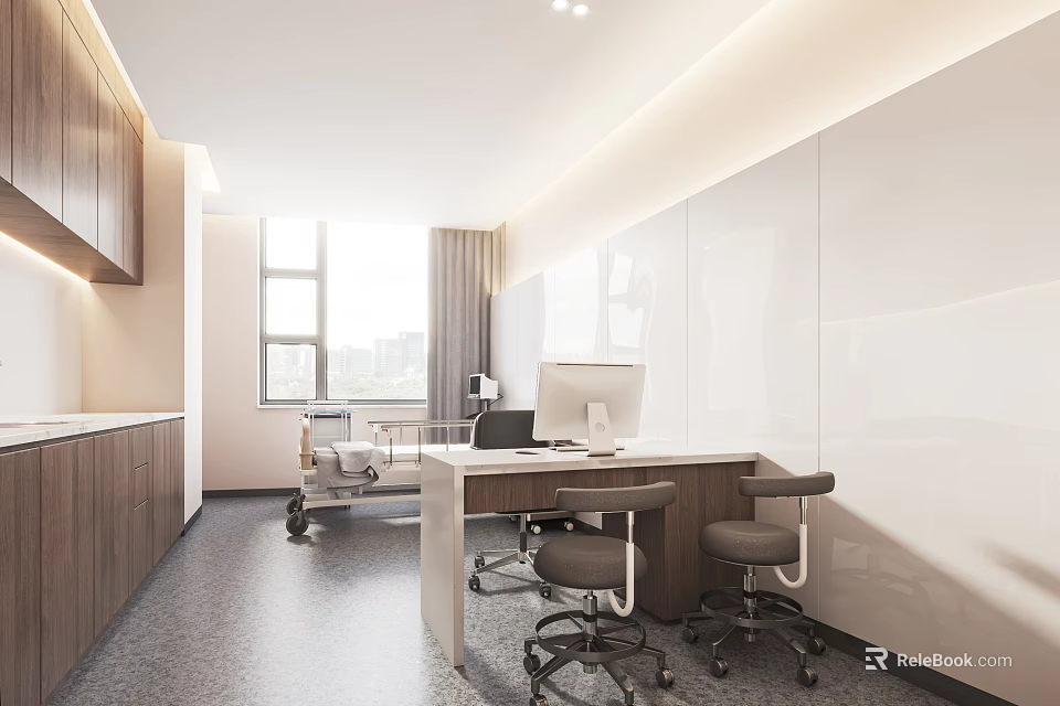 Hospital Outpatient Clinic Modern Interior White Walls Wooden Cabinets Desk Computer Chair Bright Window Light 3d model 