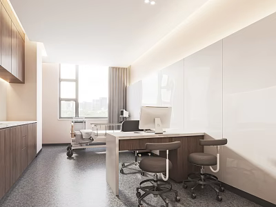 Hospital Outpatient Clinic Modern Interior White Walls Wooden Cabinets Desk Computer Chair Bright Window Light 3d model