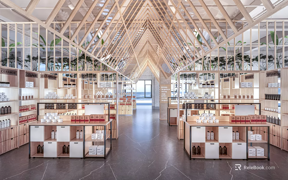 Modern Department Store Supermarket Spacious Interior With Wooden Roof Green Plant Shelves Displaying Products 3d model 