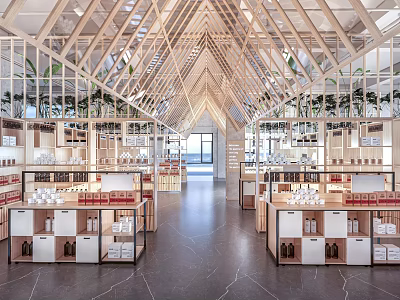 Modern Department Store Supermarket Spacious Interior With Wooden Roof Green Plant Shelves Displaying Products 3d model