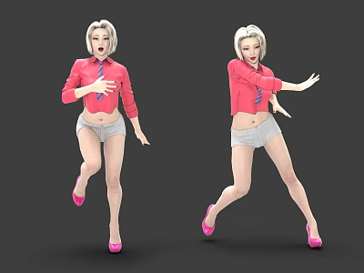Animated Game Character In Red Shirt Gray Shorts And Pink High Heels With Dynamic Poses 3d model