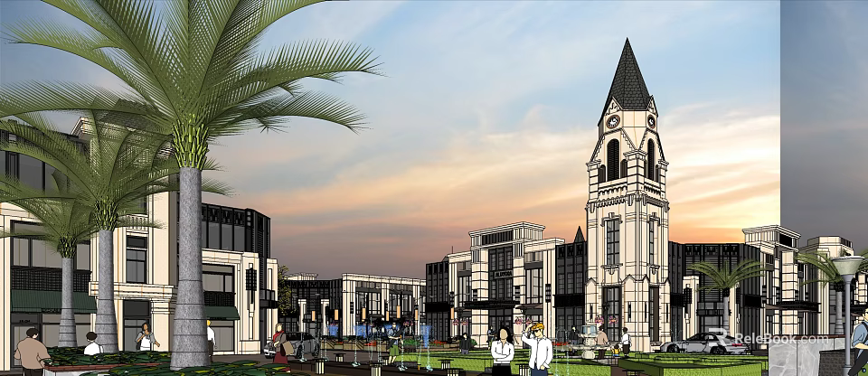 Scenic Urban Plaza Featuring Clock Tower Palm Trees Fountains And Modern Buildings 3d model 