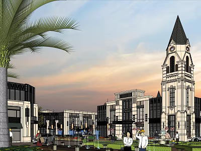 Scenic Urban Plaza Featuring Clock Tower Palm Trees Fountains And Modern Buildings 3d model