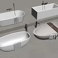 Various Shaped White Bathtubs With Faucets And Gray Towels On Gray Floor