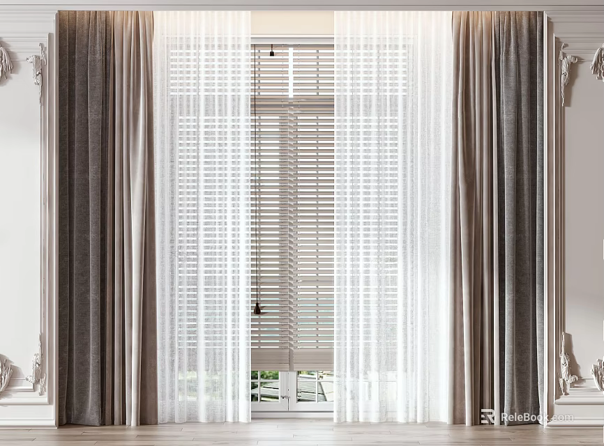 Layered Curtains Elegant Modern Sheer And Thick Window Curtains With Decorative White Wall Interior 3d model 