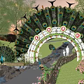 Peacock Feather Decorated Arched Entrance Gate With Grass Trees Stone Pathway And People Walking