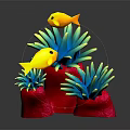 Yellow Fish Swimming Among Red Coral And Blue Green Anemone Like Structures