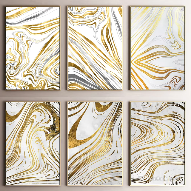 Six Modern Abstract Paintings With Gold White Gray Marble Texture And Flowing Lines 3d model 