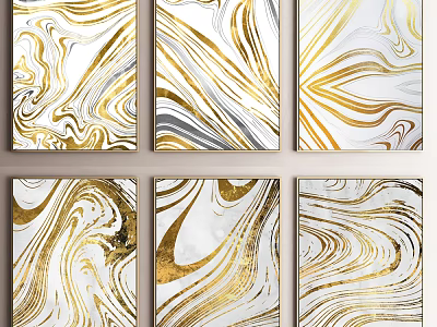 Six Modern Abstract Paintings With Gold White Gray Marble Texture And Flowing Lines 3d model