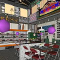 Retro Restaurant Interior With Neon Sign Red Green Decor And Dining Tables