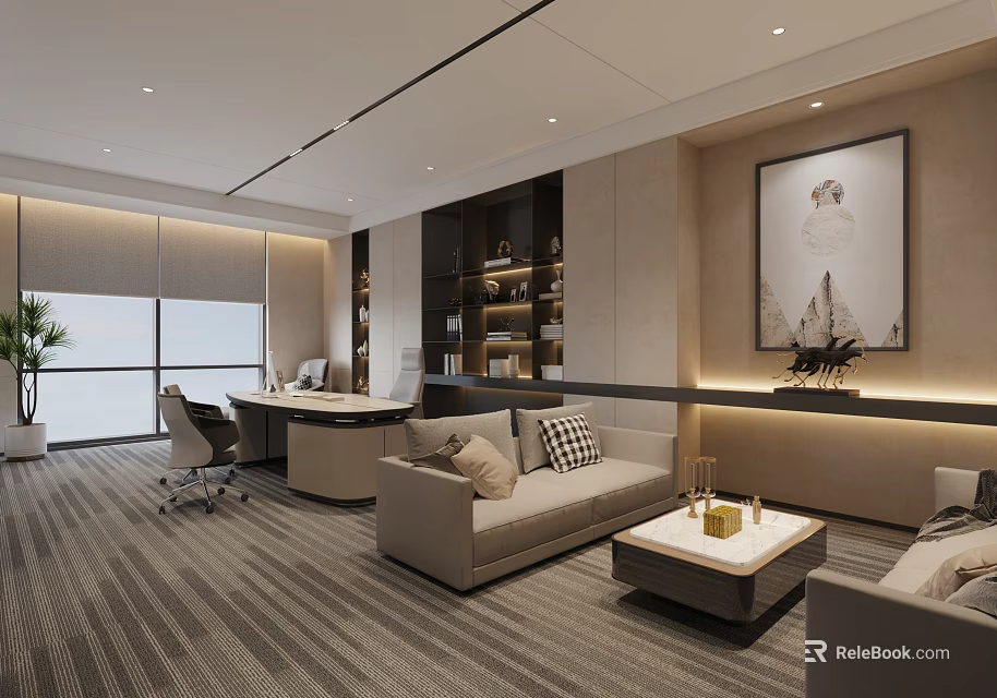 Modern Comfortable Office Interior Design With Desk Sofa Bookshelf And Striped Carpet 3d model 