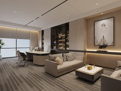Modern Comfortable Office Interior Design With Desk Sofa Bookshelf And Striped Carpet 3d model