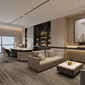 Modern Comfortable Office Interior Design With Desk Sofa Bookshelf And Striped Carpet