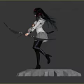 Anime Style Female Character With Black Hair Holding Weapon And Small Creature