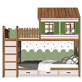 Kids Bunk Bed With House Shaped Roof Green Shutters And Star Patterned Backdrop