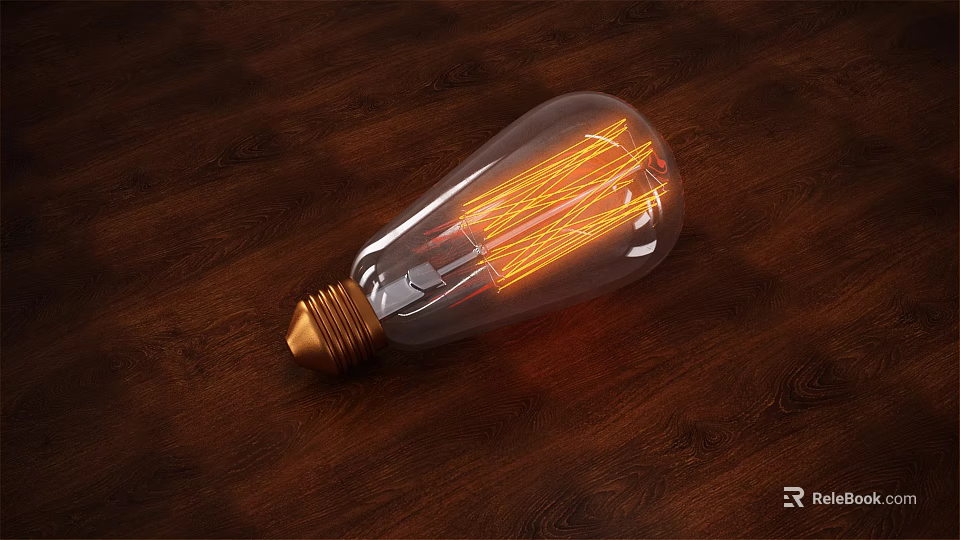 Vintage Light Bulb With Warm Glowing Filament On Wooden Table Surface 3d model 