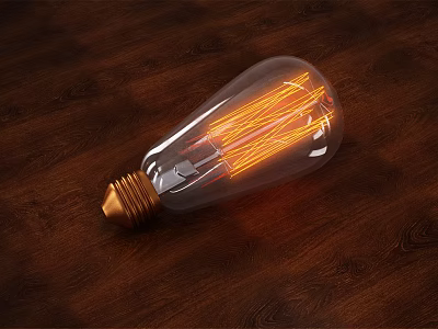 Vintage Light Bulb With Warm Glowing Filament On Wooden Table Surface 3d model