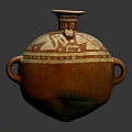Traditional Reddish Brown Ceramic Vessel With Lid Two Handles And Decorative Patterns