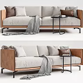 Light Gray Fabric Two Seater Sofa With Brown Leather Armrests Throw Blanket And Side Table
