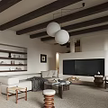 Cozy Living Room With Wooden Beam Ceiling White Pendant Lights Sofa Fireplace And Coffee Table