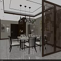 Modern Chinese Dining Room Interior Design With Wooden Screen Pendant Lights And Green Plant