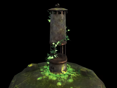 Vintage Metal Lighthouse Household Decor With Vines Moss And Glowing Green Plants On Mossy Stone 3d model