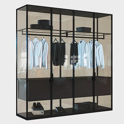 Modern Glass Door Wardrobe Interior With Hanging White Shirts Black Garments Drawers And Storage Boxes 3d model