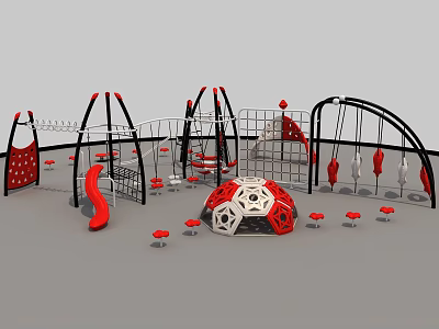 Outdoor Playground Equipment With Climbing Frames Swings Slide Geometric Ball And Red Seats 3d model