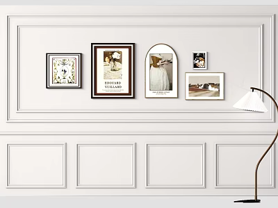Modern White Wall Interior With Framed Artworks And Floor Lamp Decor 3d model