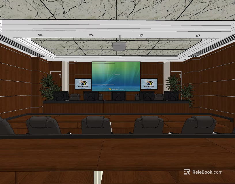 Modern Conference Room With Wooden Walls Large Projection Screen Black Chairs And Green Plants 3d model 