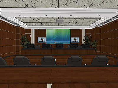 Modern Conference Room With Wooden Walls Large Projection Screen Black Chairs And Green Plants 3d model