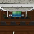 Modern Conference Room With Wooden Walls Large Projection Screen Black Chairs And Green Plants
