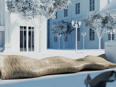 Unique Wavy Wooden Outdoor Chair In Urban Setting With Trees And Lamps 3d model