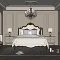Elegant Bedroom Interior Design With Carved Headboard Crystal Chandelier Nightstands Table Lamps Armchair And Rug