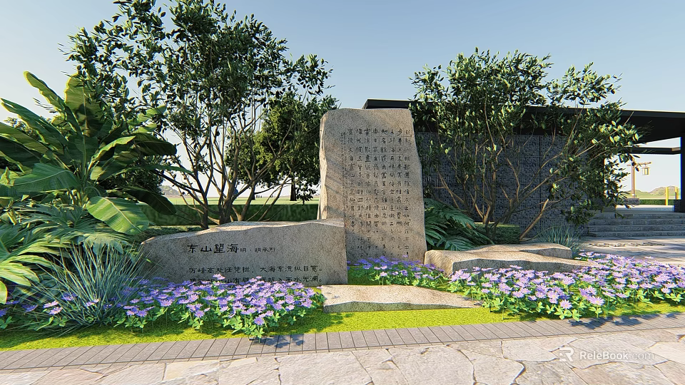 Rockery Stones in Garden Landscape With Purple Flowers Trees and Inscribed Tablets 3d model 