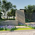 Rockery Stones in Garden Landscape With Purple Flowers Trees and Inscribed Tablets