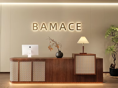 Elegant Wooden Reception Desk With BAMACE Logo Decorative Vase Table Lamp And Potted Plant 3d model