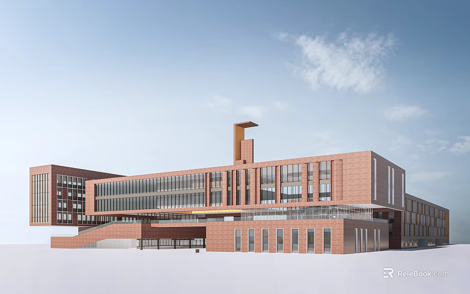 Red Brick Building Exterior With Large Glass Windows And Modern Tower Structure 3d model 