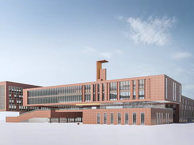 Red Brick Building Exterior With Large Glass Windows And Modern Tower Structure 3d model
