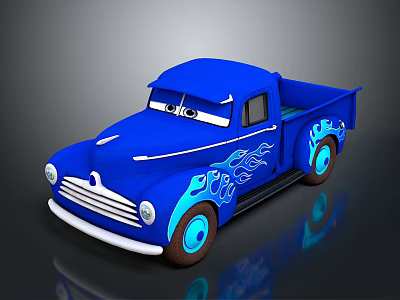 Vintage Blue Cartoon Truck With Flame Decals Blue Wheels And Character Eyes 3d model