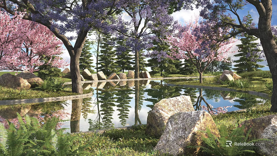 Blooming Trees with Purple and Pink Flowers Near Water Reflection and Rocks in Grass 3d model 