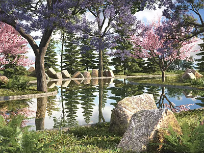 Blooming Trees with Purple and Pink Flowers Near Water Reflection and Rocks in Grass 3d model