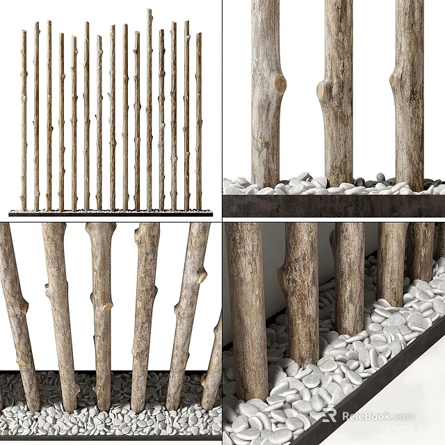 Natural Vertical Wooden Stick Partition With Pebble Base And Rustic Design 3d model 