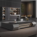 Modern Office Desk With Wooden Metal Design Laptop LED Lighting Bookcase And Sofa